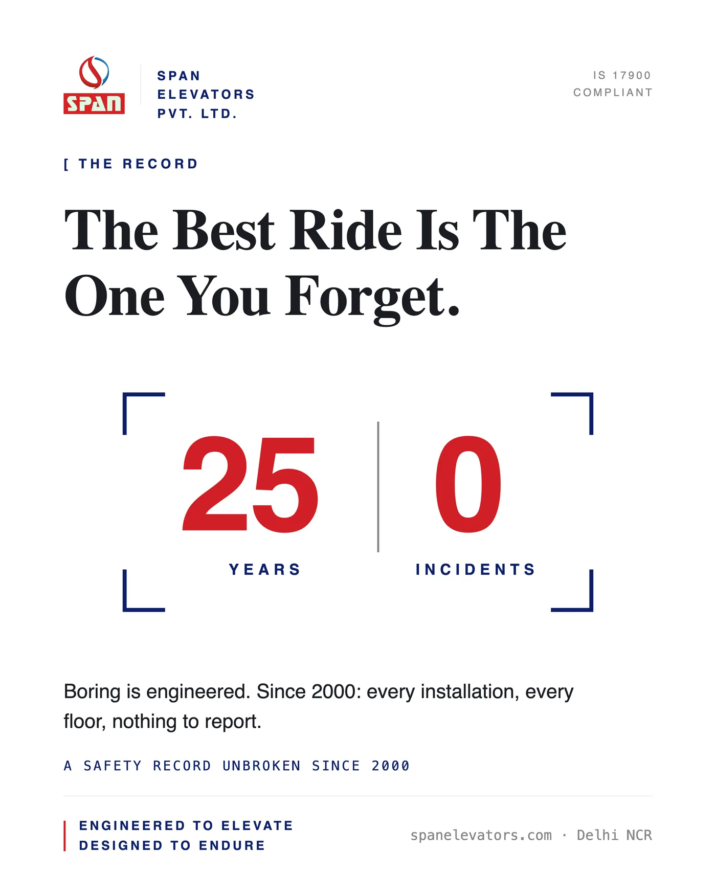 White poster setting 25 years against 0 incidents in red, bracketed in navy, over the line that boring is engineered.