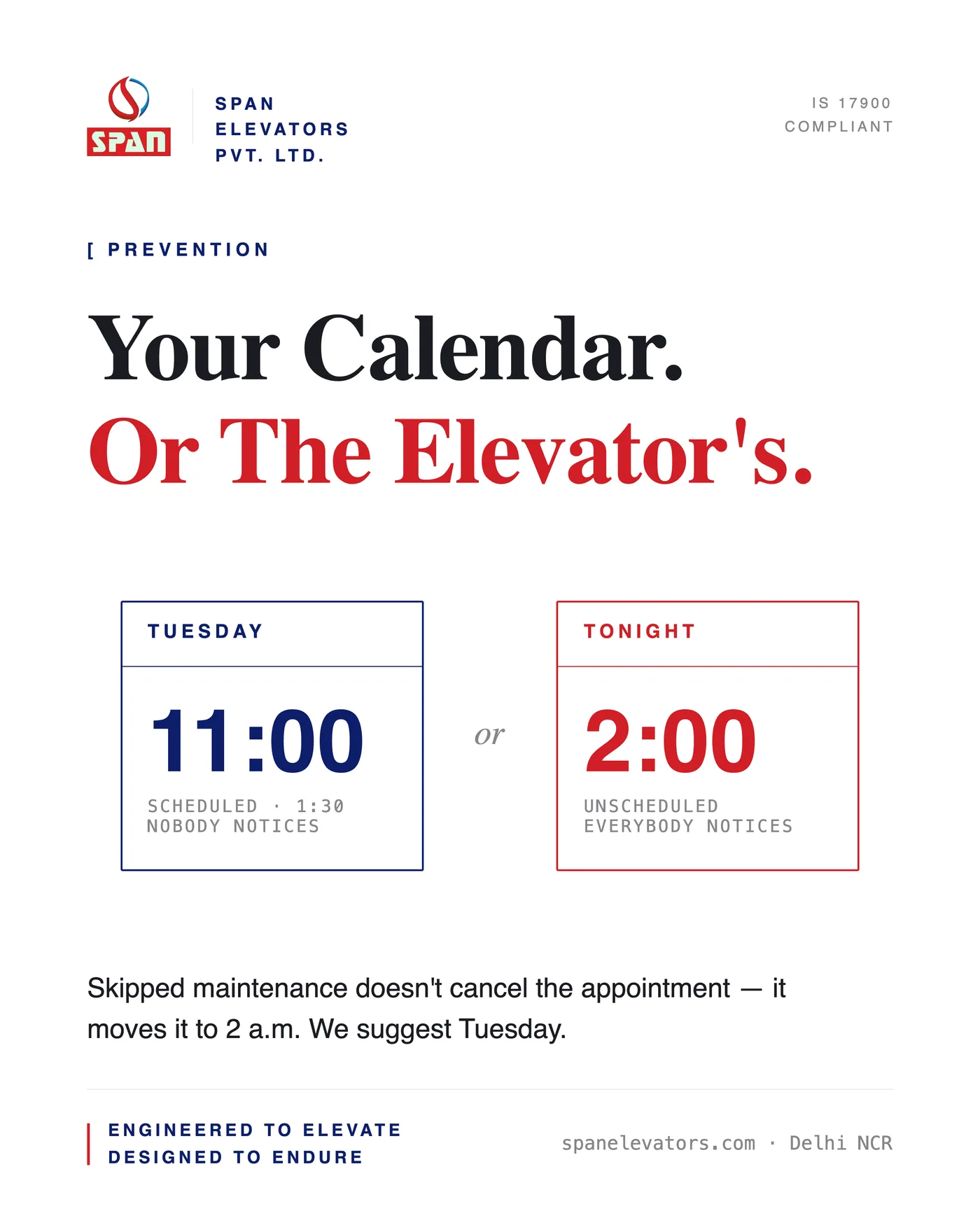 White poster comparing a scheduled Tuesday 11:00 service nobody notices against an unscheduled 2:00 failure everybody notices.