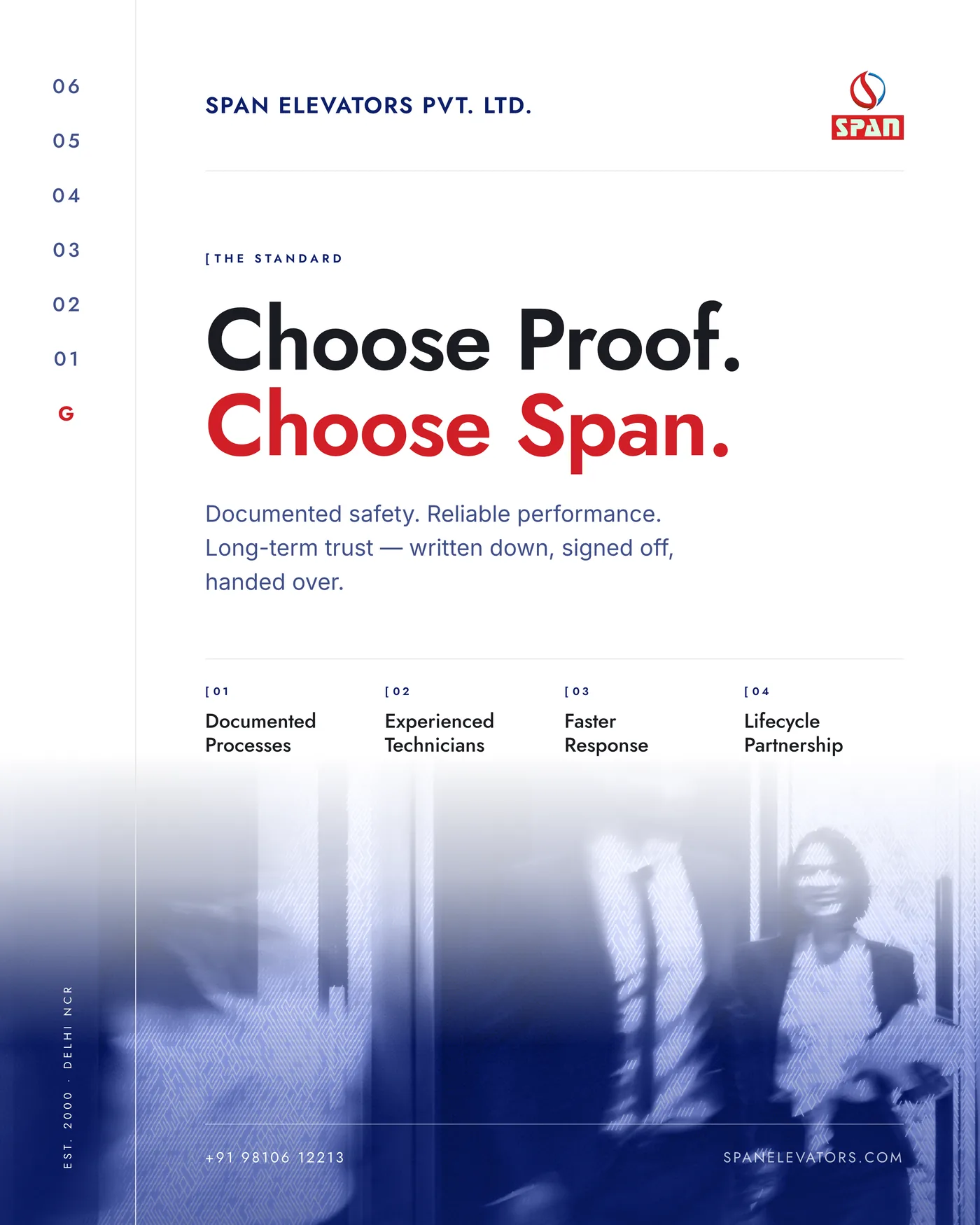 Poster naming four commitments — documented processes, experienced technicians, faster response, lifecycle partnership — above a deep blue duotone of a passenger stepping out of a cabin.