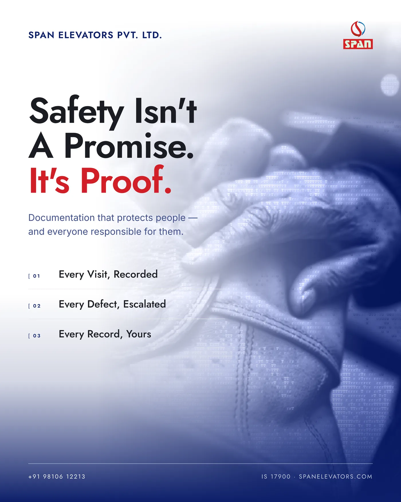 Poster over a blue duotone of an elderly passenger's hands on a handrail, listing every visit recorded, every defect escalated, every record yours.